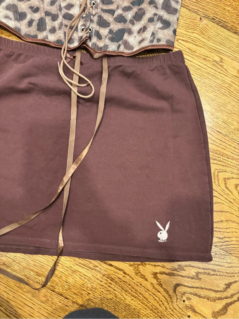 PACSUN Solid Brown Mini Play Boy Bunny Skirt With Cheetah SHEIN Corset Top L